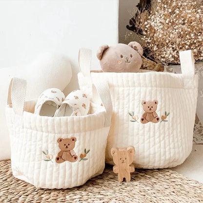 White Embroidered Cotton Baby Basket Storage Organisers - 4 Styles