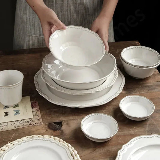 White Nordic Vintage Ceramic Dinner Plate, Bowl & Cup Set - 9 Sizes