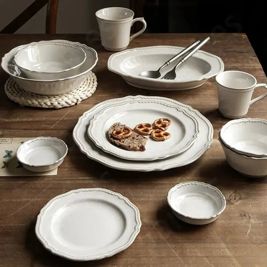 White Nordic Vintage Ceramic Dinner Plate, Bowl & Cup Set - 9 Sizes