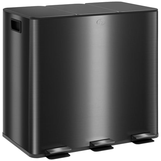 3 x 15L Triple Kitchen Bin Pedal Bin for Recycling and Waste, Black