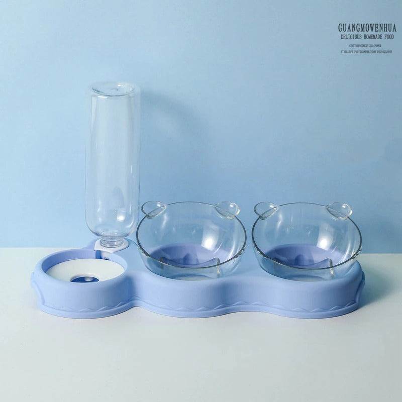 Cat Food Double Bowls Slow Feeder With Waterer Bottle
