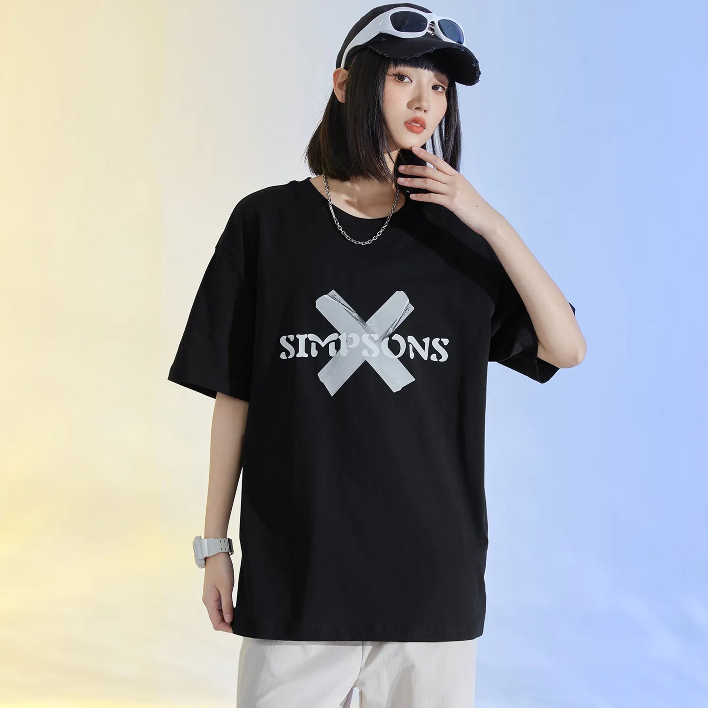 The Simpsons© - Fun Tape Symbols -  3D Letter Print Cartoon - Loose-Fit   Short-Sleeve T-Shirt