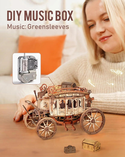 Rokr Stagecoach Music Box 3D Wooden Puzzle - Perfect Gift for Adults, Easy to Build STEM Hobby Kit for Birthdays and Anniversaries