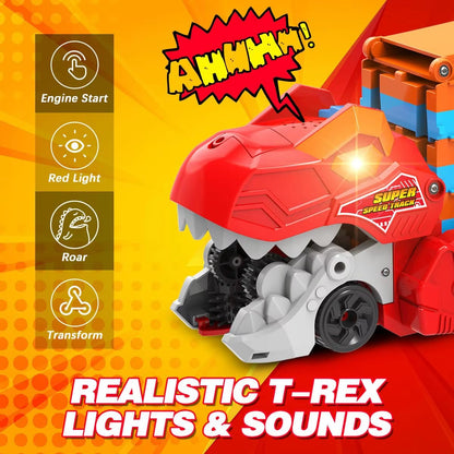 Dinosaur 3-in-1 Transport Truck with 8 Race Cars - Ejection Folding Portable Track Toy with Sound for Kids Age 3+