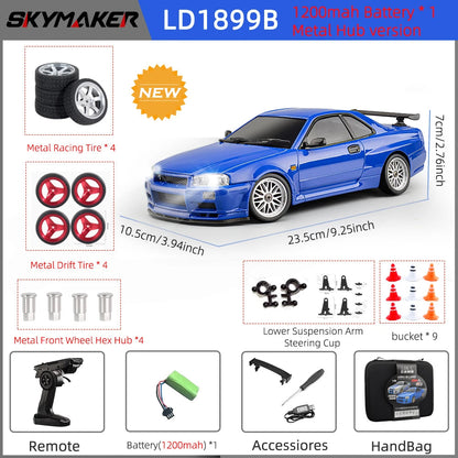 LD1899 1/18 Scale GTR R34 RC Drifting Car - High-Speed Alloy Body with Gyroscope & 2.4GHz RWD Remote Control Racing Vehicle