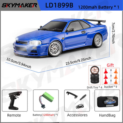 LD1899 1/18 Scale GTR R34 RC Drifting Car - High-Speed Alloy Body with Gyroscope & 2.4GHz RWD Remote Control Racing Vehicle