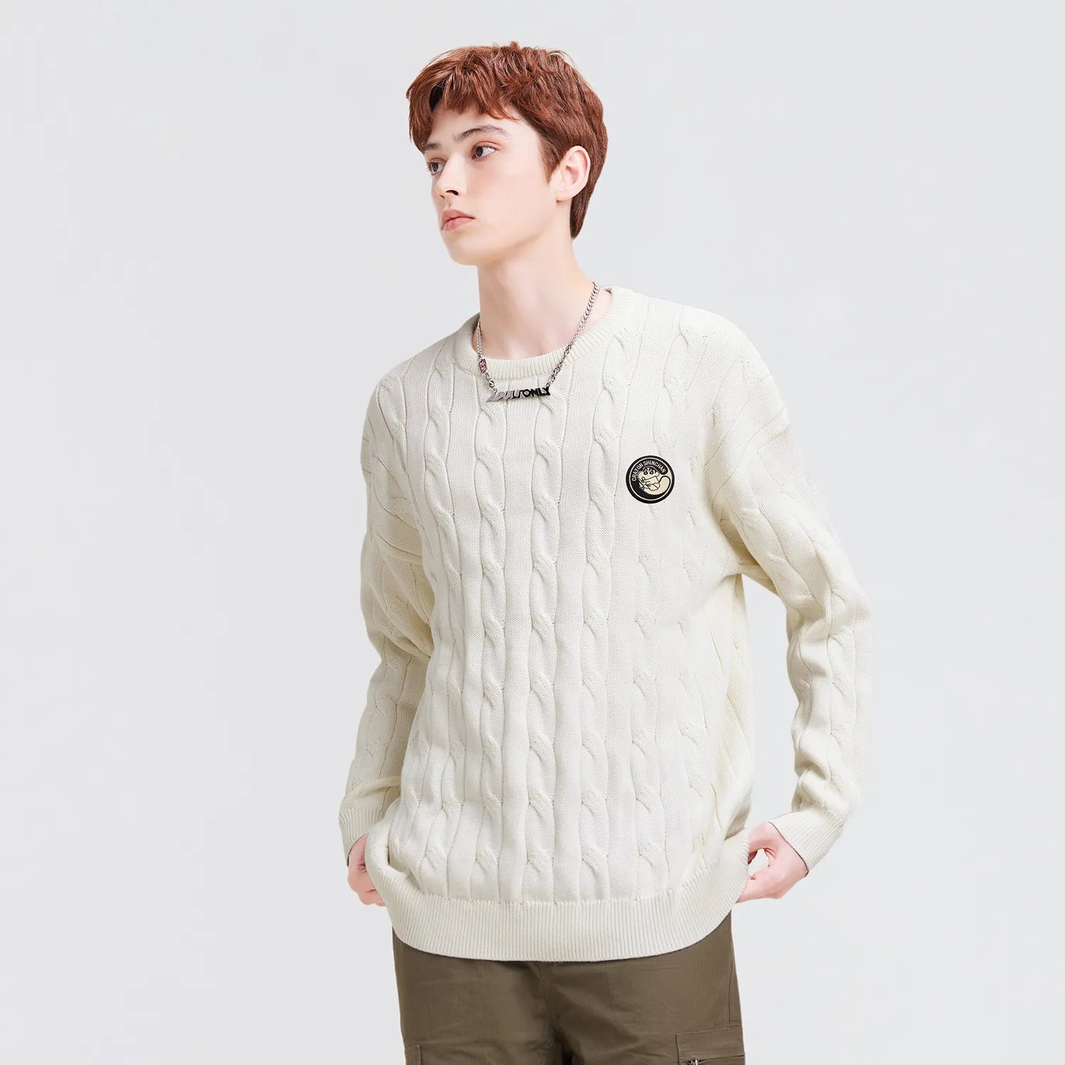 Crayon Shinchan© - Cartoon Character Logo - Cable - Knit Loose - Fit Sweater - Loomella