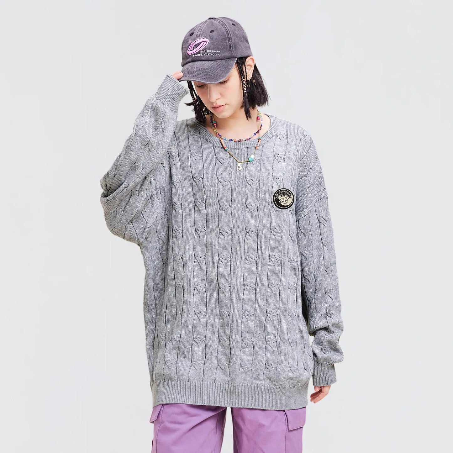 Crayon Shinchan© - Cartoon Character Logo - Cable - Knit Loose - Fit Sweater - Loomella