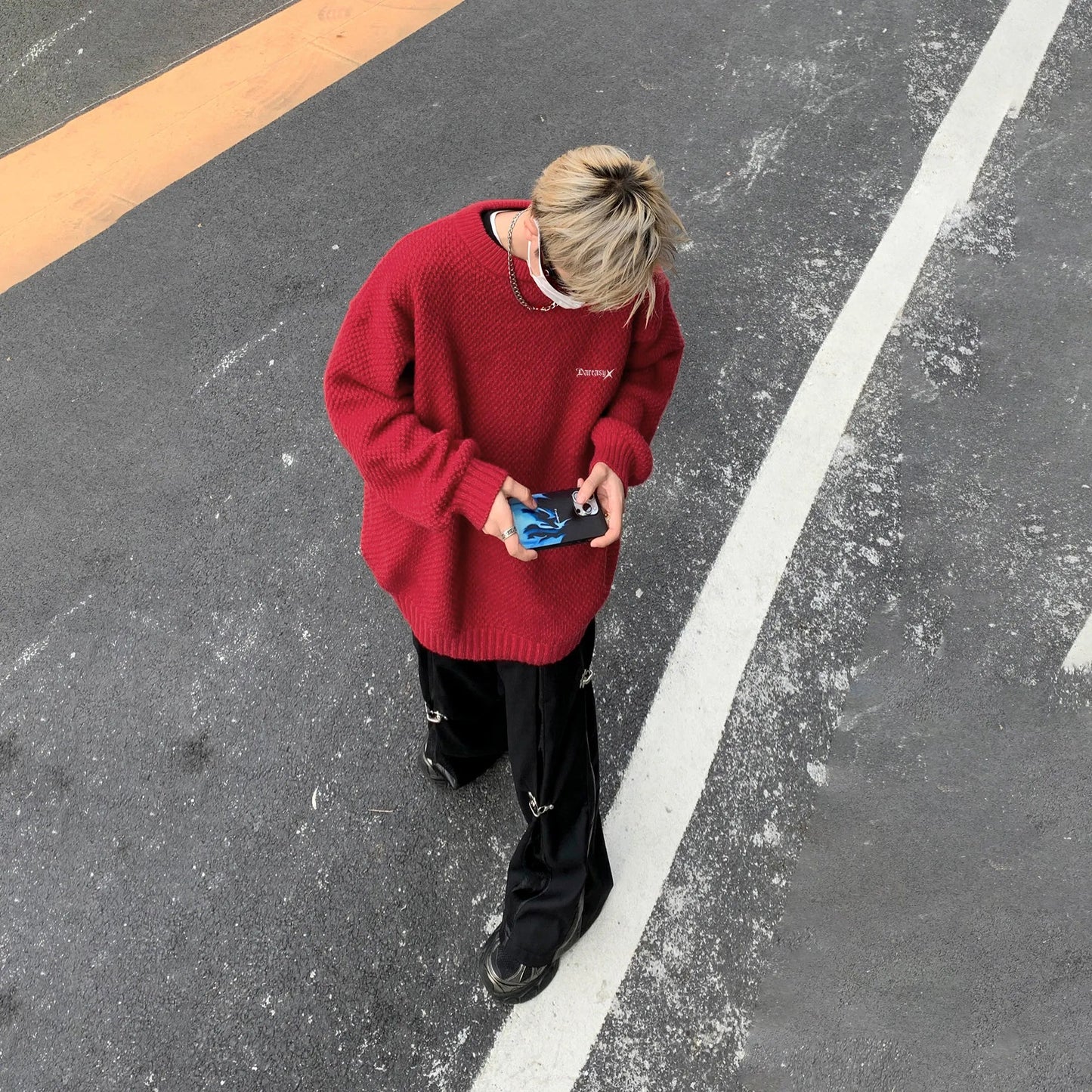 DAREASY© - Minimalist Logo Embroidery - Solid Color Loose - Fit Long - Sleeve Casual Knit Sweater - Loomella