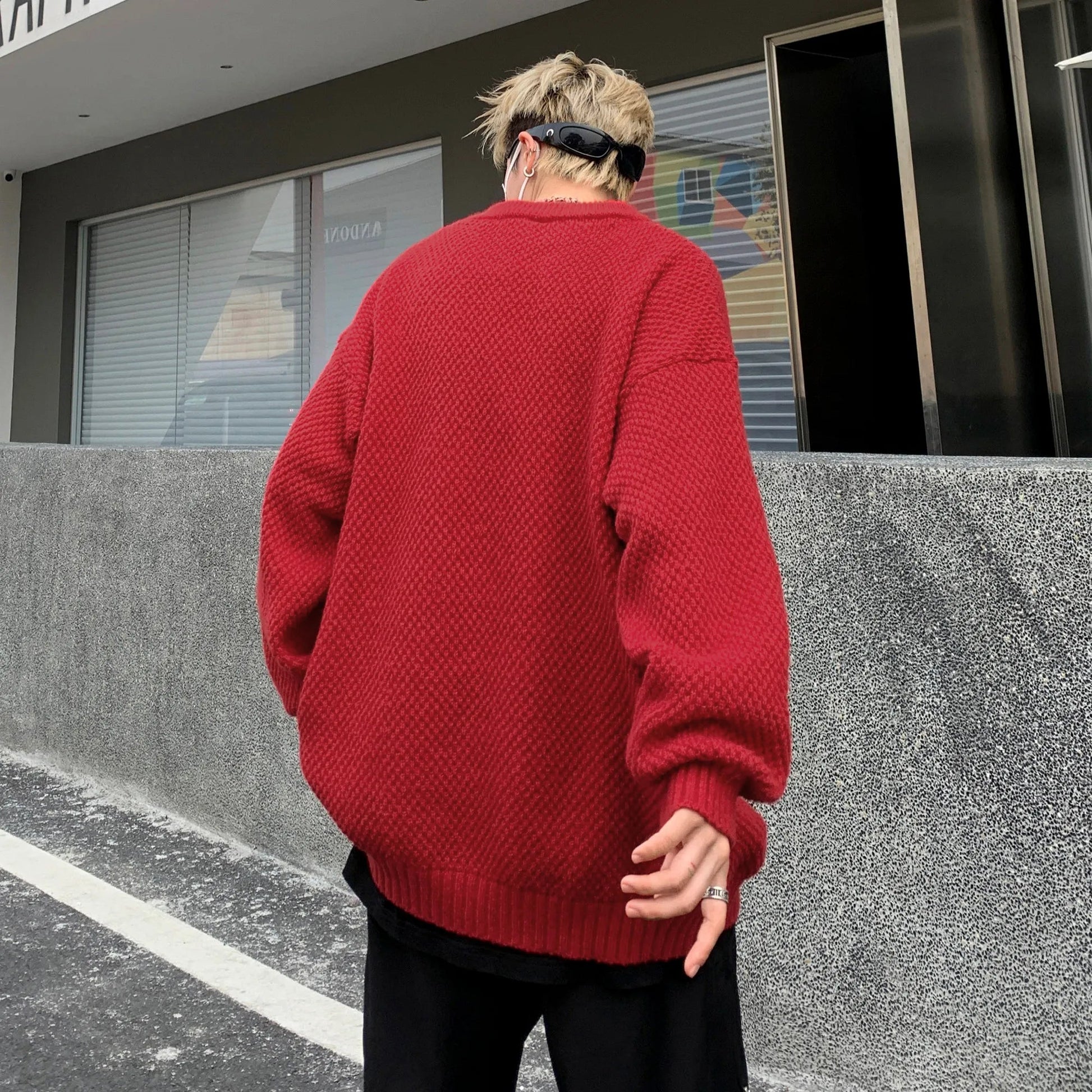 DAREASY© - Minimalist Logo Embroidery - Solid Color Loose - Fit Long - Sleeve Casual Knit Sweater - Loomella