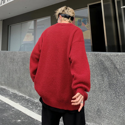DAREASY© - Minimalist Logo Embroidery - Solid Color Loose - Fit Long - Sleeve Casual Knit Sweater - Loomella