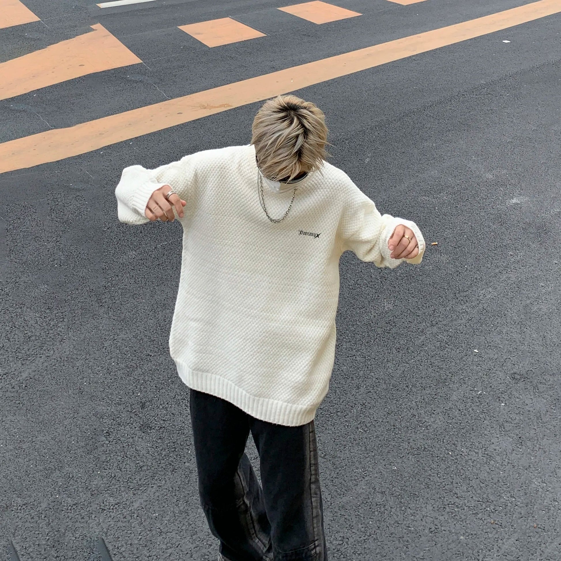 DAREASY© - Minimalist Logo Embroidery - Solid Color Loose - Fit Long - Sleeve Casual Knit Sweater - Loomella
