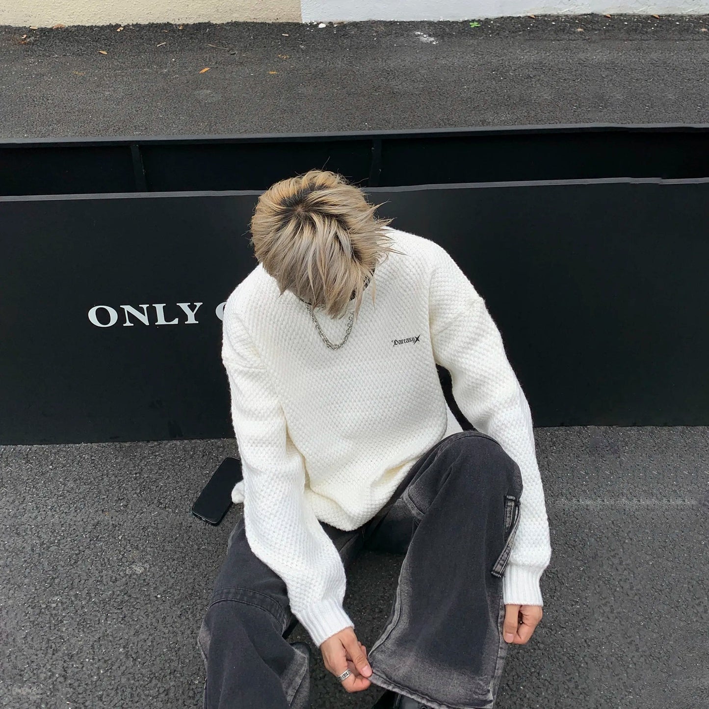 DAREASY© - Minimalist Logo Embroidery - Solid Color Loose - Fit Long - Sleeve Casual Knit Sweater - Loomella