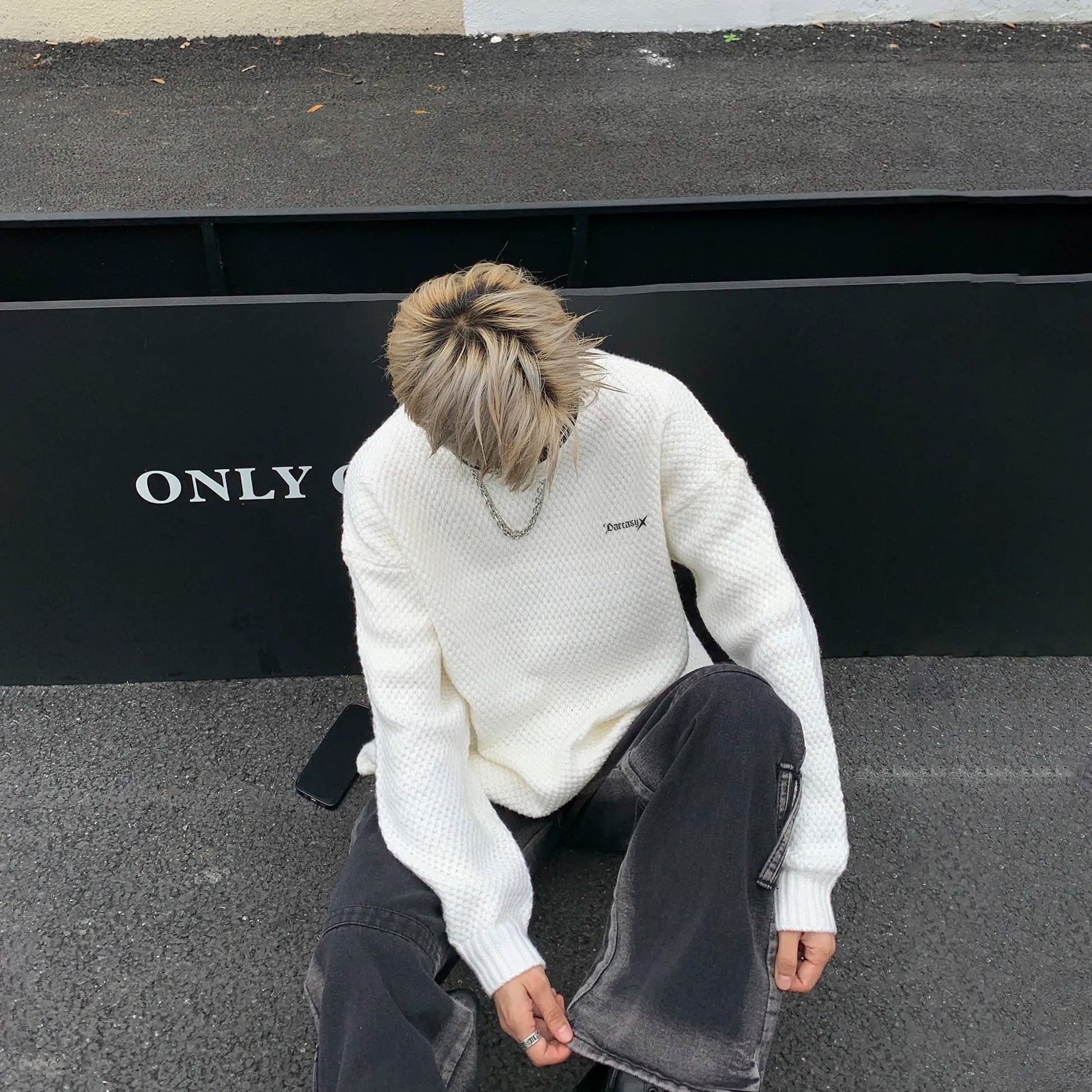 DAREASY© - Minimalist Logo Embroidery - Solid Color Loose - Fit Long - Sleeve Casual Knit Sweater - Loomella