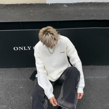 DAREASY© - Minimalist Logo Embroidery - Solid Color Loose - Fit Long - Sleeve Casual Knit Sweater - Loomella