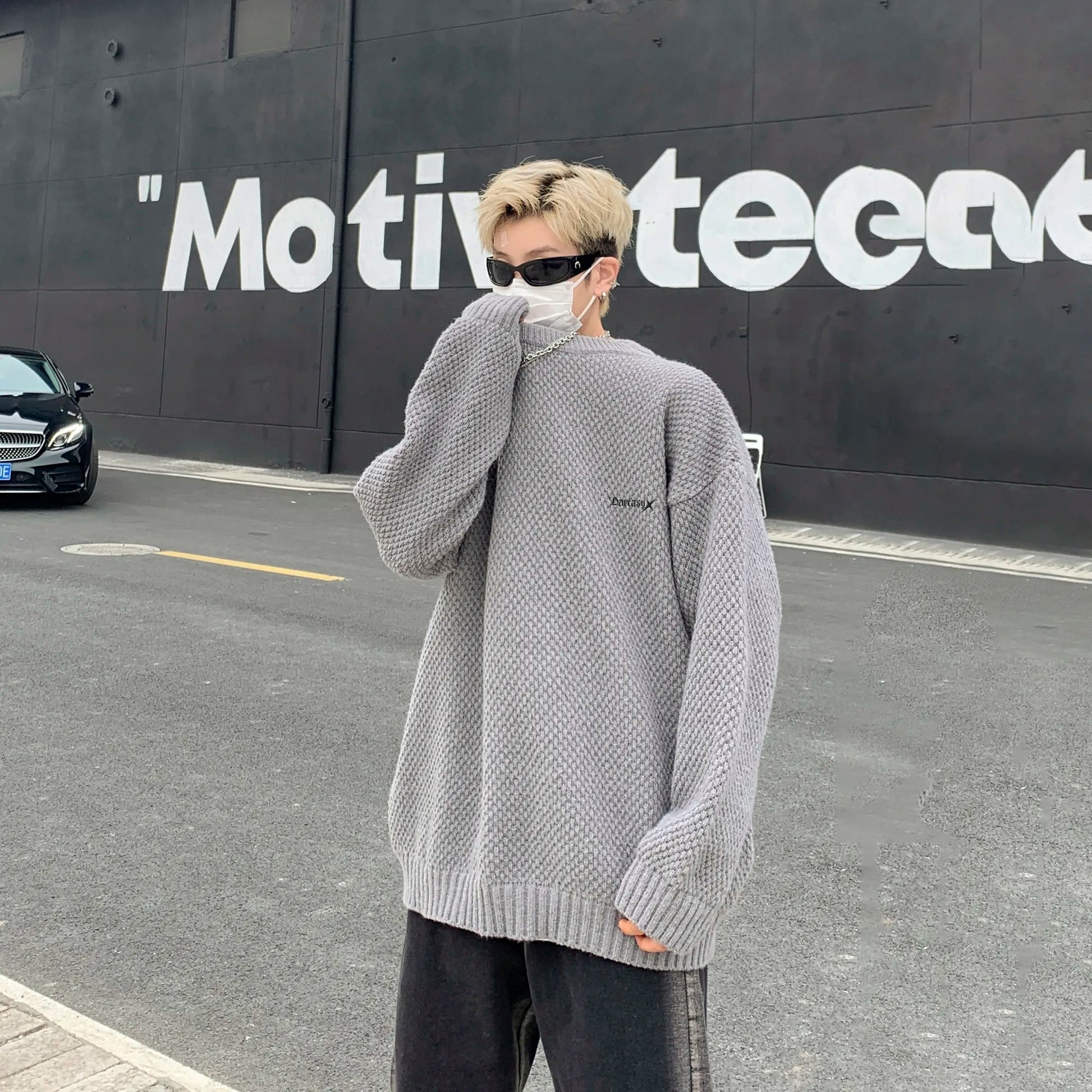DAREASY© - Minimalist Logo Embroidery - Solid Color Loose - Fit Long - Sleeve Casual Knit Sweater - Loomella