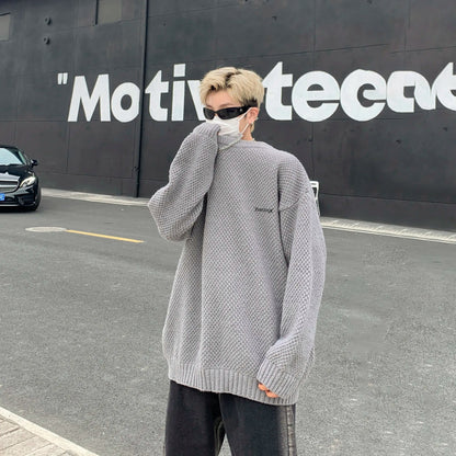 DAREASY© - Minimalist Logo Embroidery - Solid Color Loose - Fit Long - Sleeve Casual Knit Sweater - Loomella