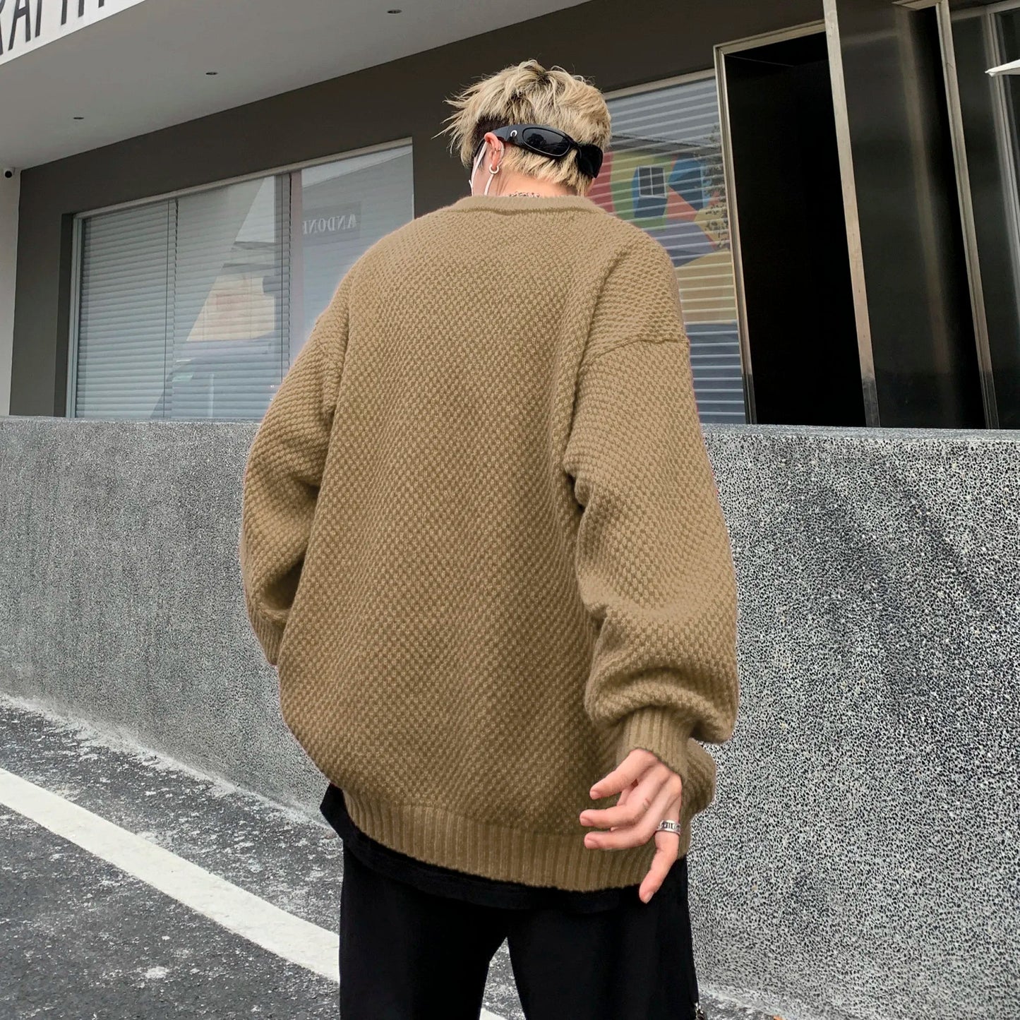 DAREASY© - Minimalist Logo Embroidery - Solid Color Loose - Fit Long - Sleeve Casual Knit Sweater - Loomella