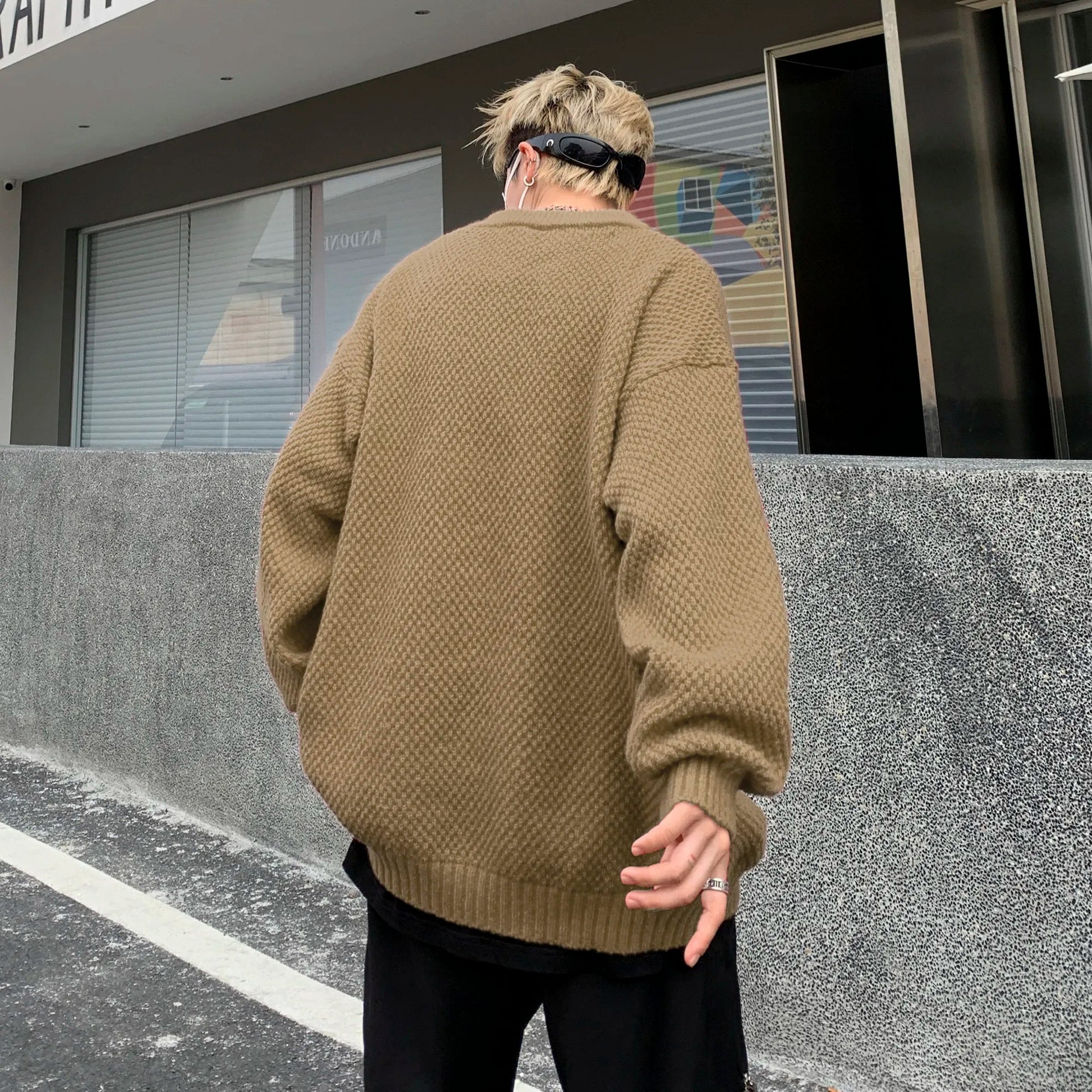 DAREASY© - Minimalist Logo Embroidery - Solid Color Loose - Fit Long - Sleeve Casual Knit Sweater - Loomella