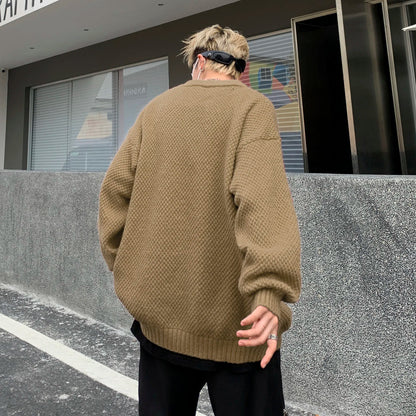 DAREASY© - Minimalist Logo Embroidery - Solid Color Loose - Fit Long - Sleeve Casual Knit Sweater - Loomella