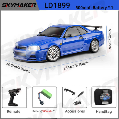 LD1899 1/18 Scale GTR R34 RC Drifting Car - High-Speed Alloy Body with Gyroscope & 2.4GHz RWD Remote Control Racing Vehicle