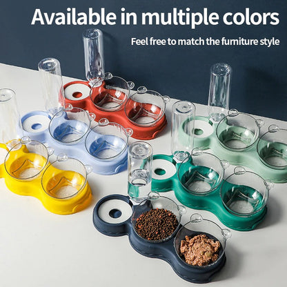 Cat Food Double Bowls Slow Feeder With Waterer Bottle