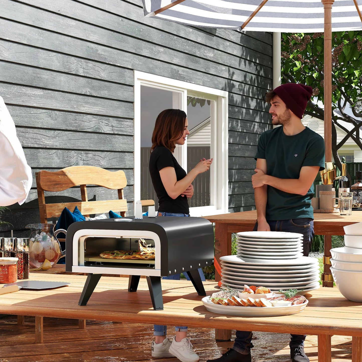 Outdoor Tabletop Gas Pizza Oven, 12" Stone & Peel, Portable with Thermometer, Foldable Legs, Handle, Gas Hose, Black