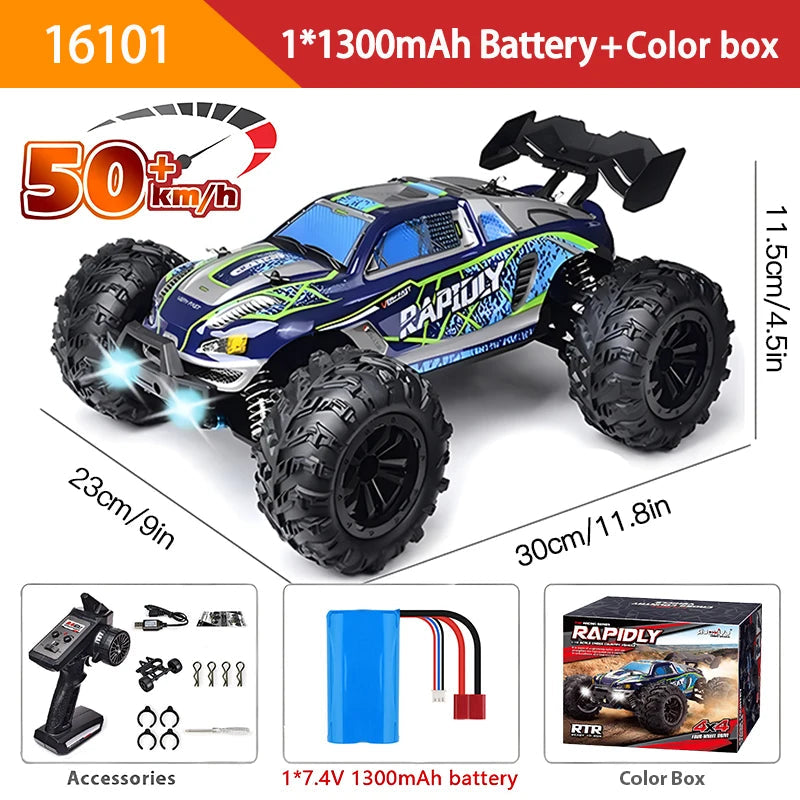 Fast 50Km/H 1/16 Off-Road 4WD RC Monster Truck with LED Headlights - Waterproof Remote Control for Kids & Adults