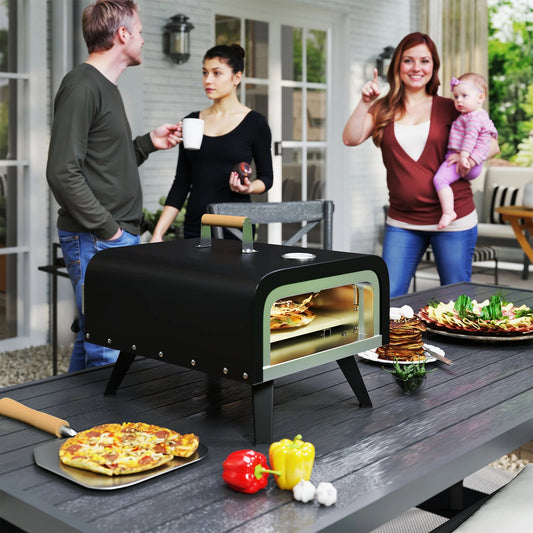 Outdoor Tabletop Gas Pizza Oven, 12" Stone & Peel, Portable with Thermometer, Foldable Legs, Handle, Gas Hose, Black