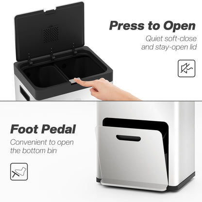 3 Compartment Kitchen Bin, 56L Stainless Steel Pedal Bin with Wheels