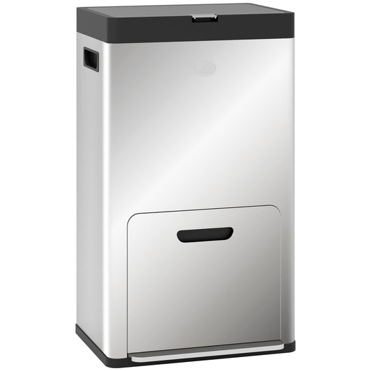 3 Compartment Kitchen Bin, 56L Stainless Steel Pedal Bin with Wheels