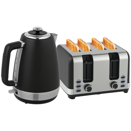 1.7L Quick Boil Kettle & 4-Slice Toaster Set - Black Breakfast Duo!