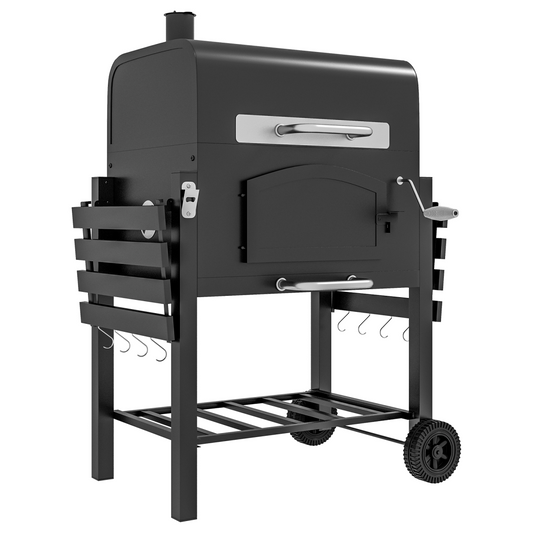 Adjustable Charcoal BBQ Trolley with Thermometer & Lid Handle