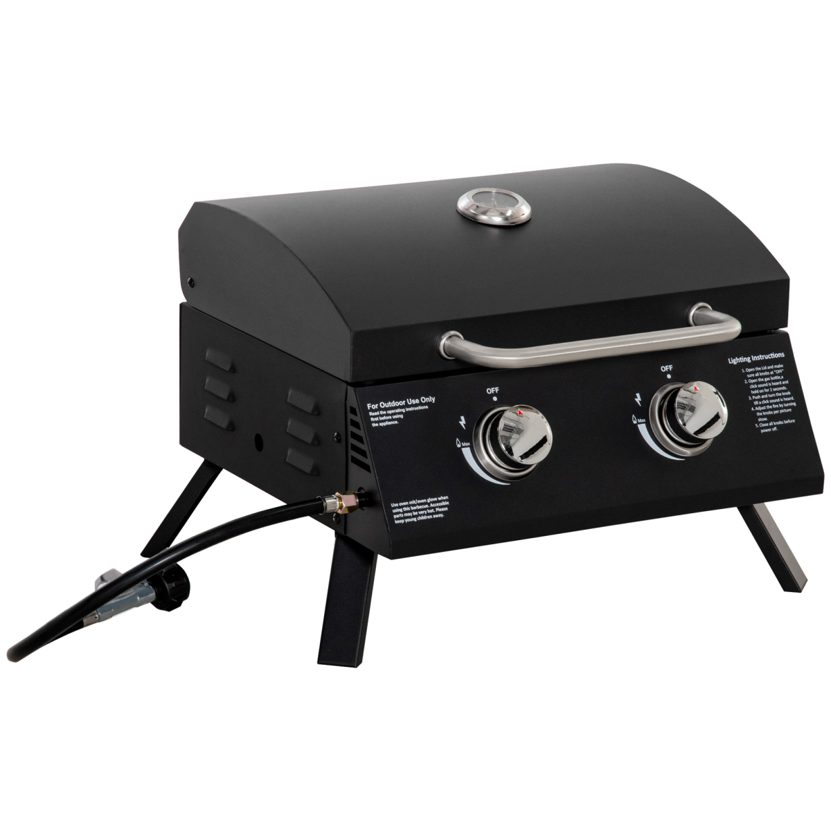 Portable 2-Burner Gas BBQ Grill with Lid & Thermometer