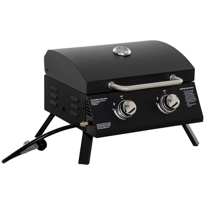 Portable 2-Burner Gas BBQ Grill with Lid & Thermometer