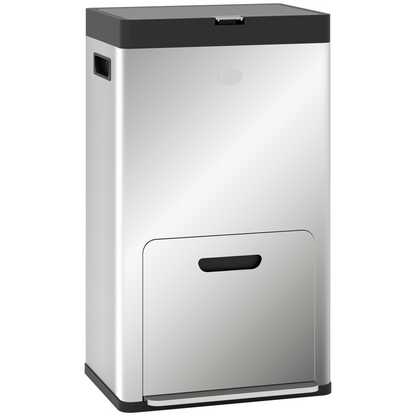 3 Compartment Kitchen Bin, 56L Stainless Steel Pedal Bin with Wheels