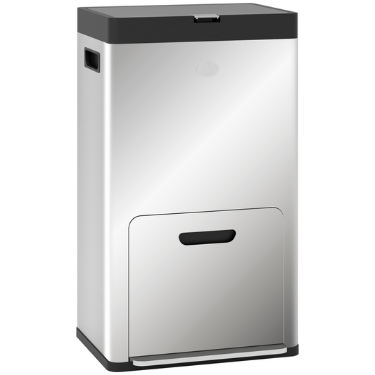 3 Compartment Kitchen Bin, 56L Stainless Steel Pedal Bin with Wheels