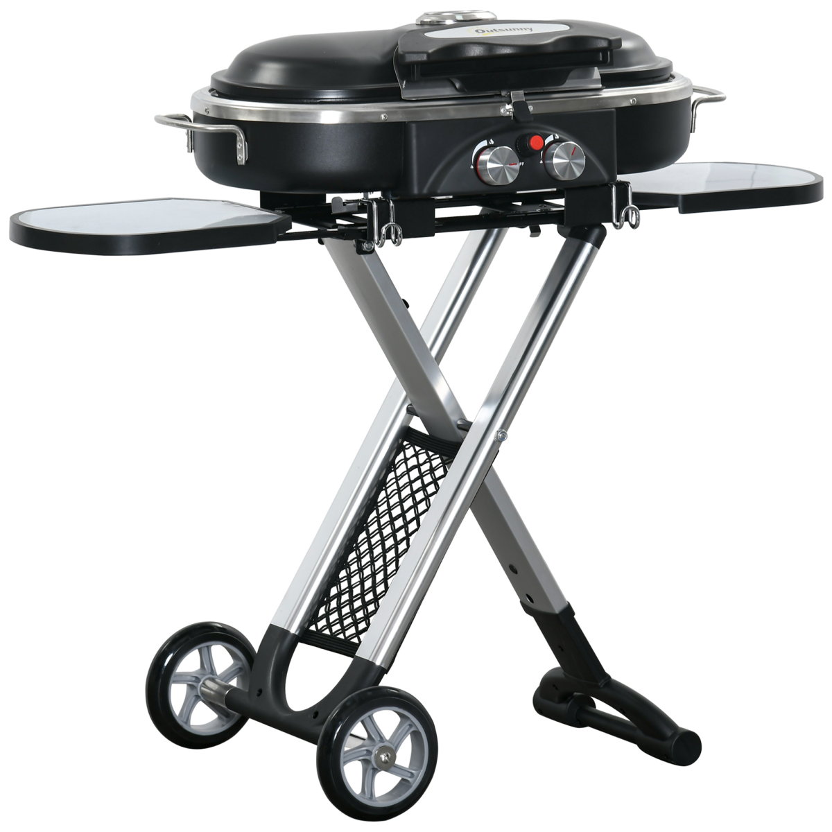 Portable 2-Burner Gas BBQ Grill with Foldable Trolley & Side Storage