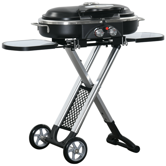 Portable 2-Burner Gas BBQ Grill with Foldable Trolley & Side Storage