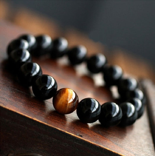 Natural Black Onyx & Tiger Eye Stones Beads Bracelet