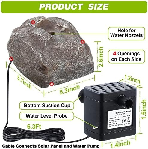 Rockery Granite Water with 5 Nozzles Solar Water Fountain for Birdbath Outdoor