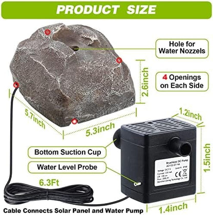 Rockery Granite Water with 5 Nozzles Solar Water Fountain for Birdbath Outdoor