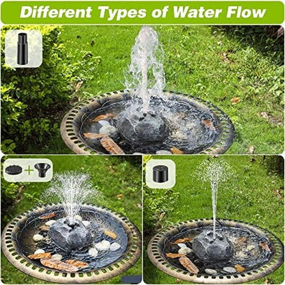Rockery Granite Water with 5 Nozzles Solar Water Fountain for Birdbath Outdoor
