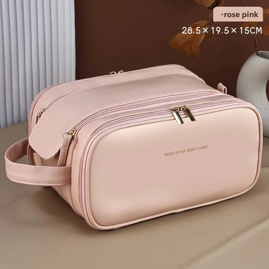 Large Capacity PU Leather Makeup Bag – Portable Double Zipper Travel Cosmetic & Toiletry Organizer for Women