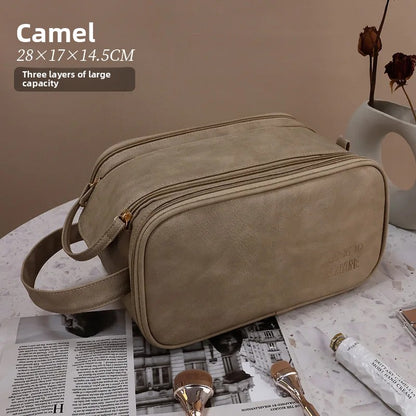 Large Capacity PU Leather Makeup Bag – Portable Double Zipper Travel Cosmetic & Toiletry Organizer for Women