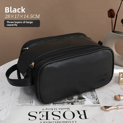 Large Capacity PU Leather Makeup Bag – Portable Double Zipper Travel Cosmetic & Toiletry Organizer for Women