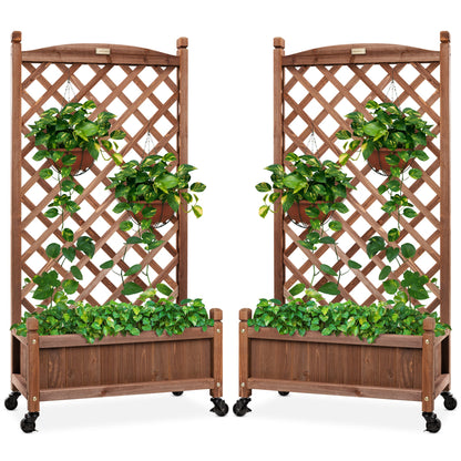 Set of 2 Wood Planter Box & Lattice Trellis w/ Optional Wheels - 48in